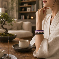 Stress Relief & Protection Crystal Bracelet Set featuring Amethyst, Rose Quartz, Tourmaline