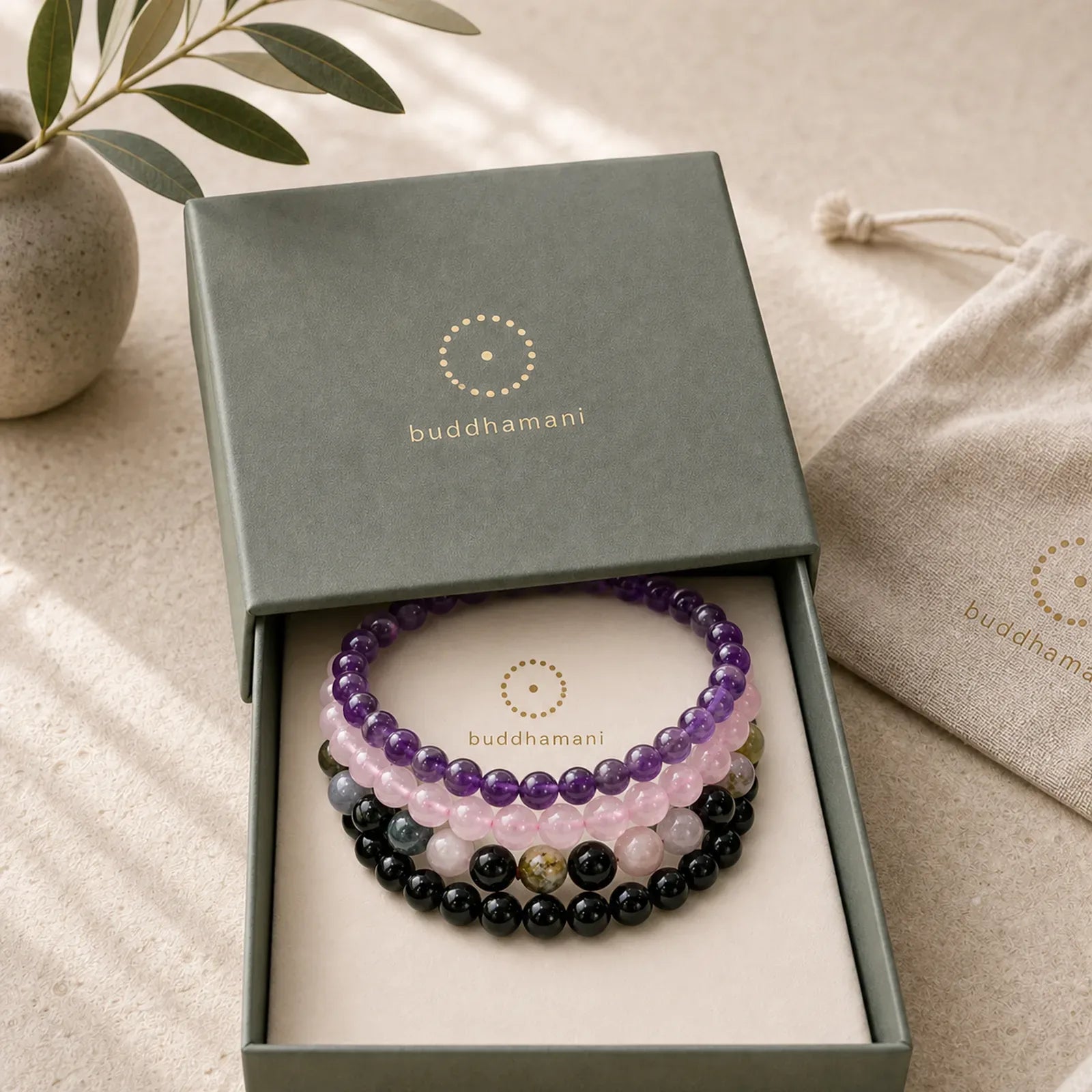 Stress Relief & Protection Crystal Bracelet Set featuring Amethyst, Rose Quartz, Tourmaline