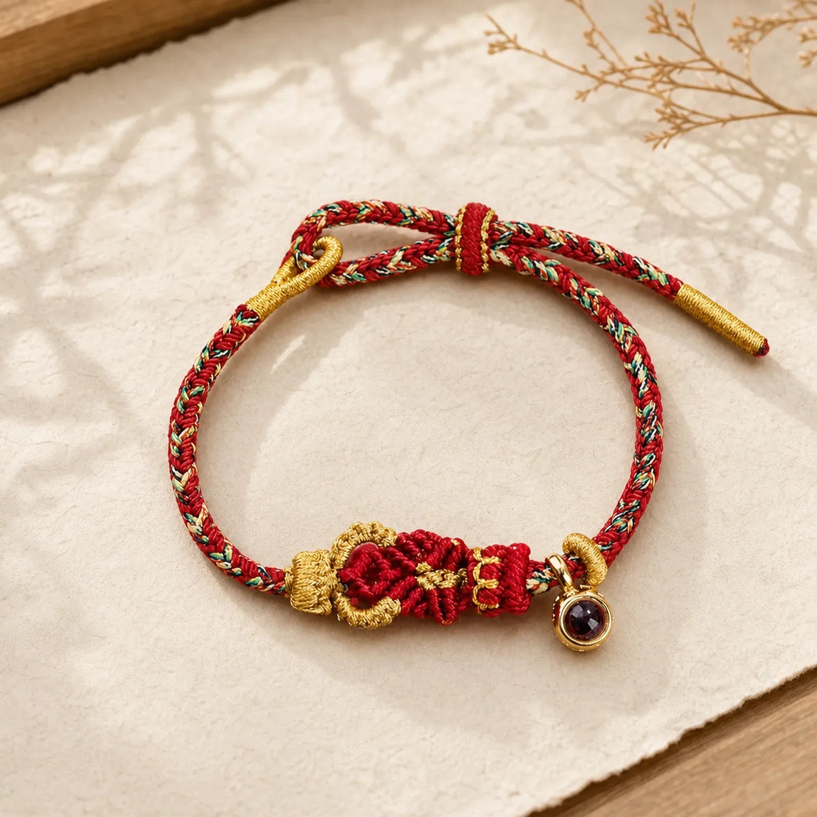 String Projection Stone Hand-woven Buddha Knots Connection Bracelet featuring Buddha Symbol, Red String, Copper