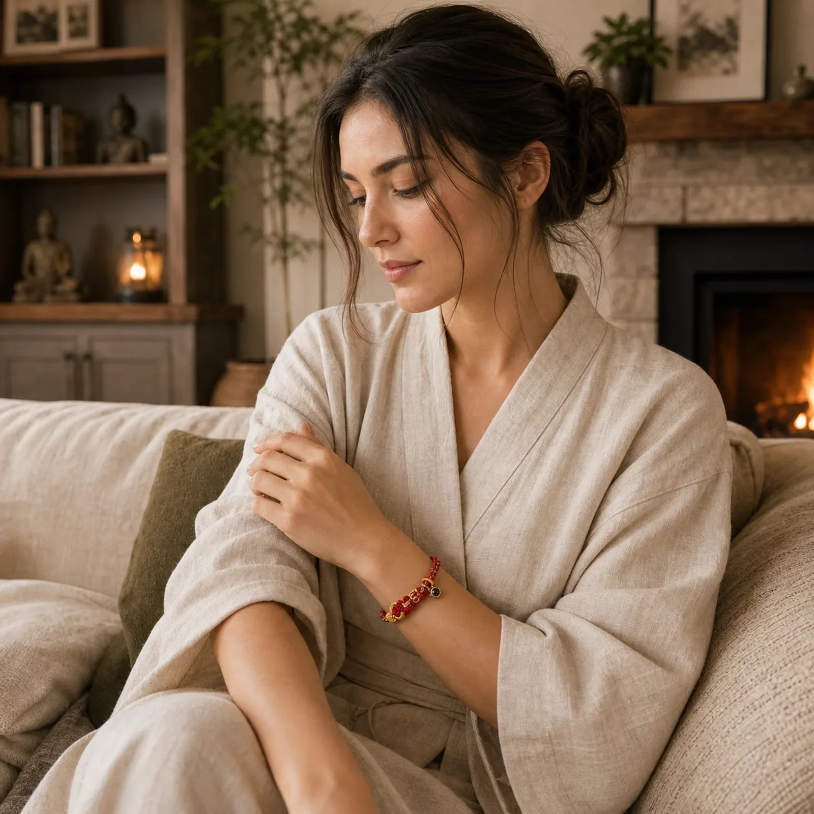 String Projection Stone Hand-woven Buddha Knots Connection Bracelet featuring Buddha Symbol, Red String, Copper