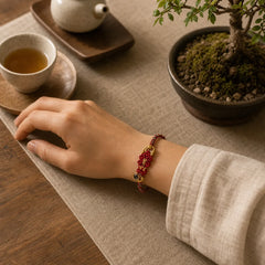 String Projection Stone Hand-woven Buddha Knots Connection Bracelet featuring Buddha Symbol, Red String, Copper