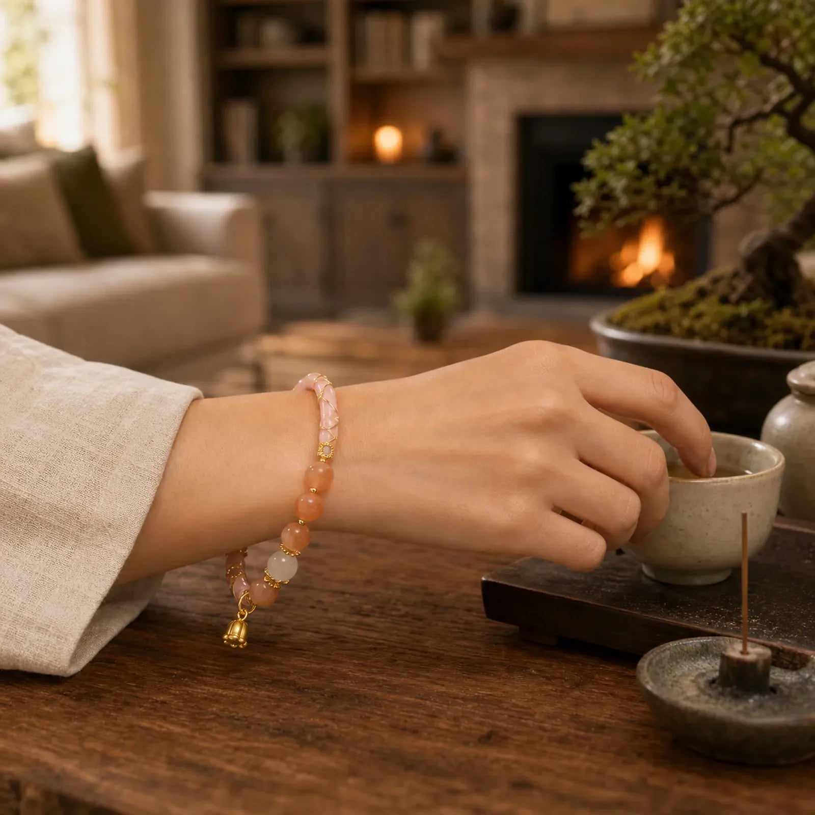 Sun Stone Golden Silk Jade Lily of the Valley Charm Positive Bracelet Bangle featuring Sun Stone, Golden Silk Jade, Silver