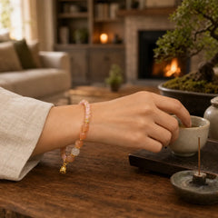 Sun Stone Golden Silk Jade Lily of the Valley Charm Positive Bracelet Bangle featuring Sun Stone, Golden Silk Jade, Silver