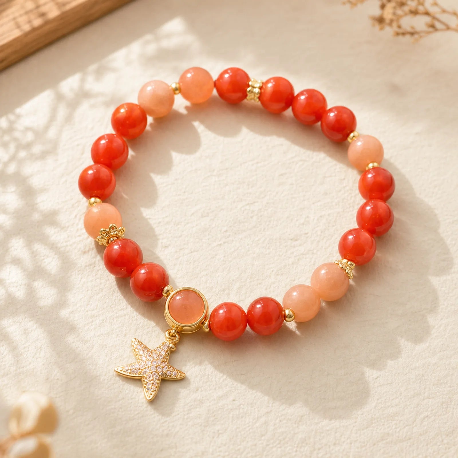 Sun Stone Peach Moonstone Red Agate Crystal Star Wealth Bracelet featuring Sun Stone, Peach Moonstone, Moonstone