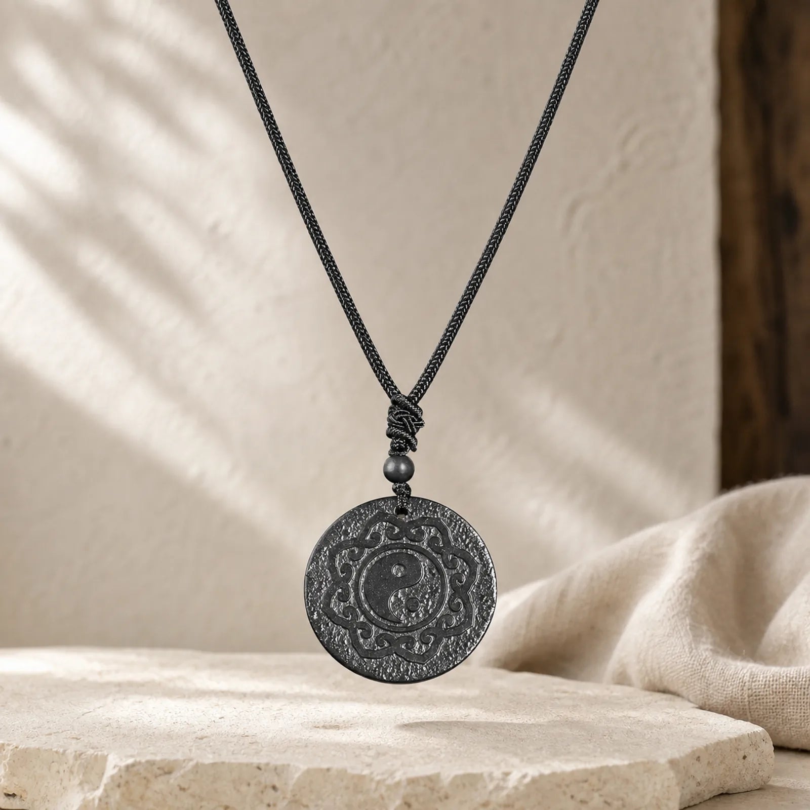 Tai Chi Yin Yang Symbol Authentic Shungite Stone Inner Strength Necklace Pendant featuring Yin Yang Symbol, Shungite Stone (Graphite Stone), Pyrite