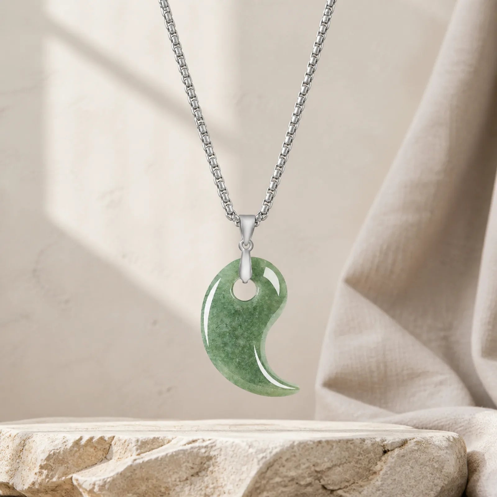 Teardrop Design Jade Titanium Steel Chain Necklace Luck Pendant featuring Jade, Titanium Steel, Silver