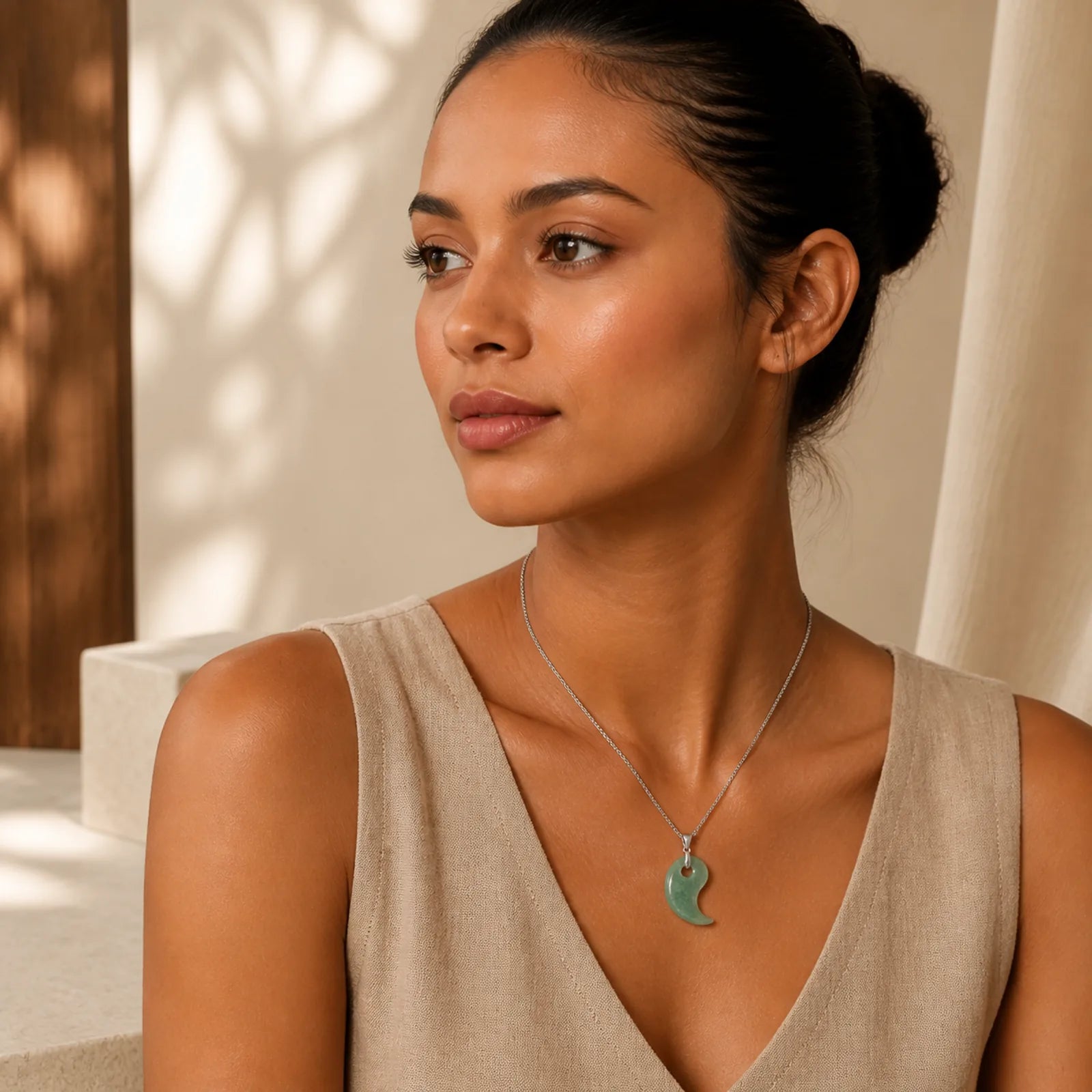 Teardrop Design Jade Titanium Steel Chain Necklace Luck Pendant featuring Jade, Titanium Steel, Silver