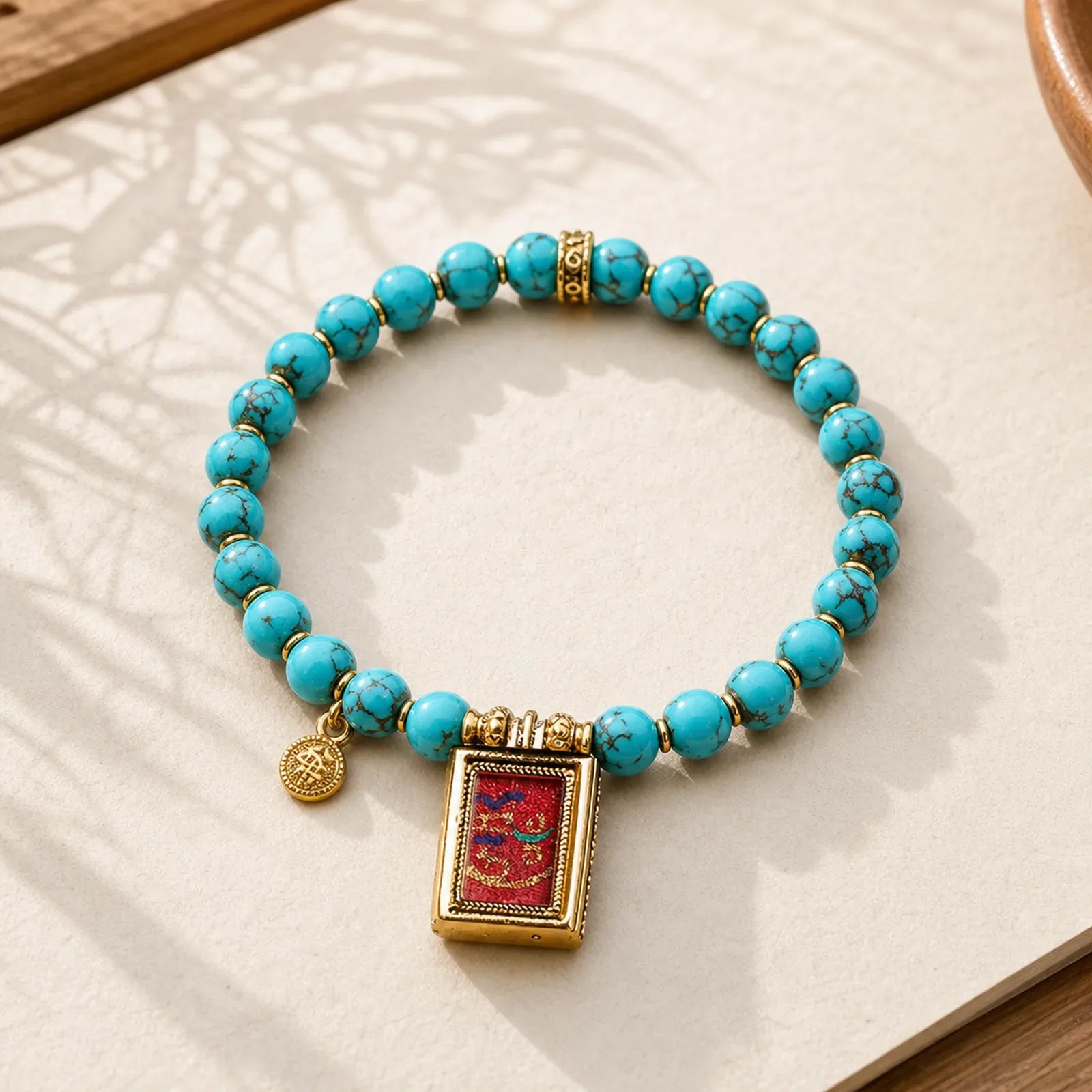 Thangka Gau Amulet Box Turquoise Fu Character Protection Bracelet featuring Turquoise, Fu Character, Copper