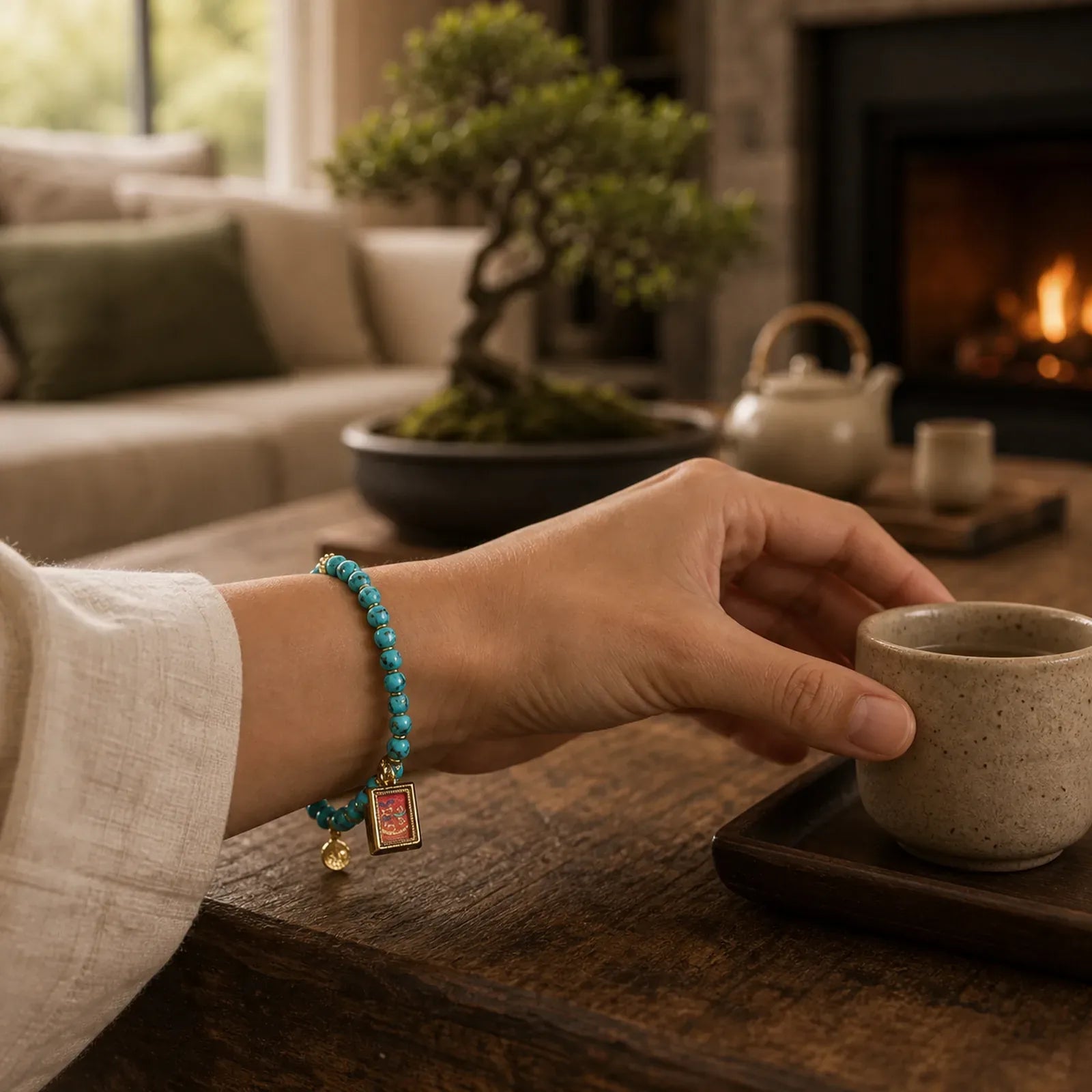Thangka Gau Amulet Box Turquoise Fu Character Protection Bracelet featuring Turquoise, Fu Character, Copper