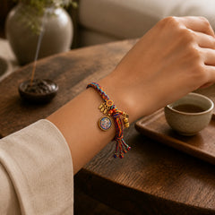 Thangka Tibetan Chinese Zodiac Zakiram Colorful Rope Connection String Bracelet featuring Dragon, Horse, Red String