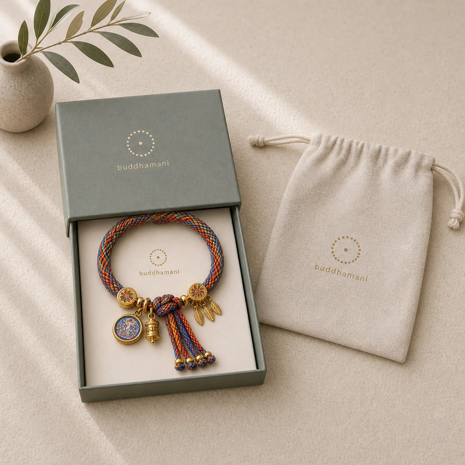 Thangka Tibetan Chinese Zodiac Zakiram Colorful Rope Connection String Bracelet featuring Dragon, Horse, Red String