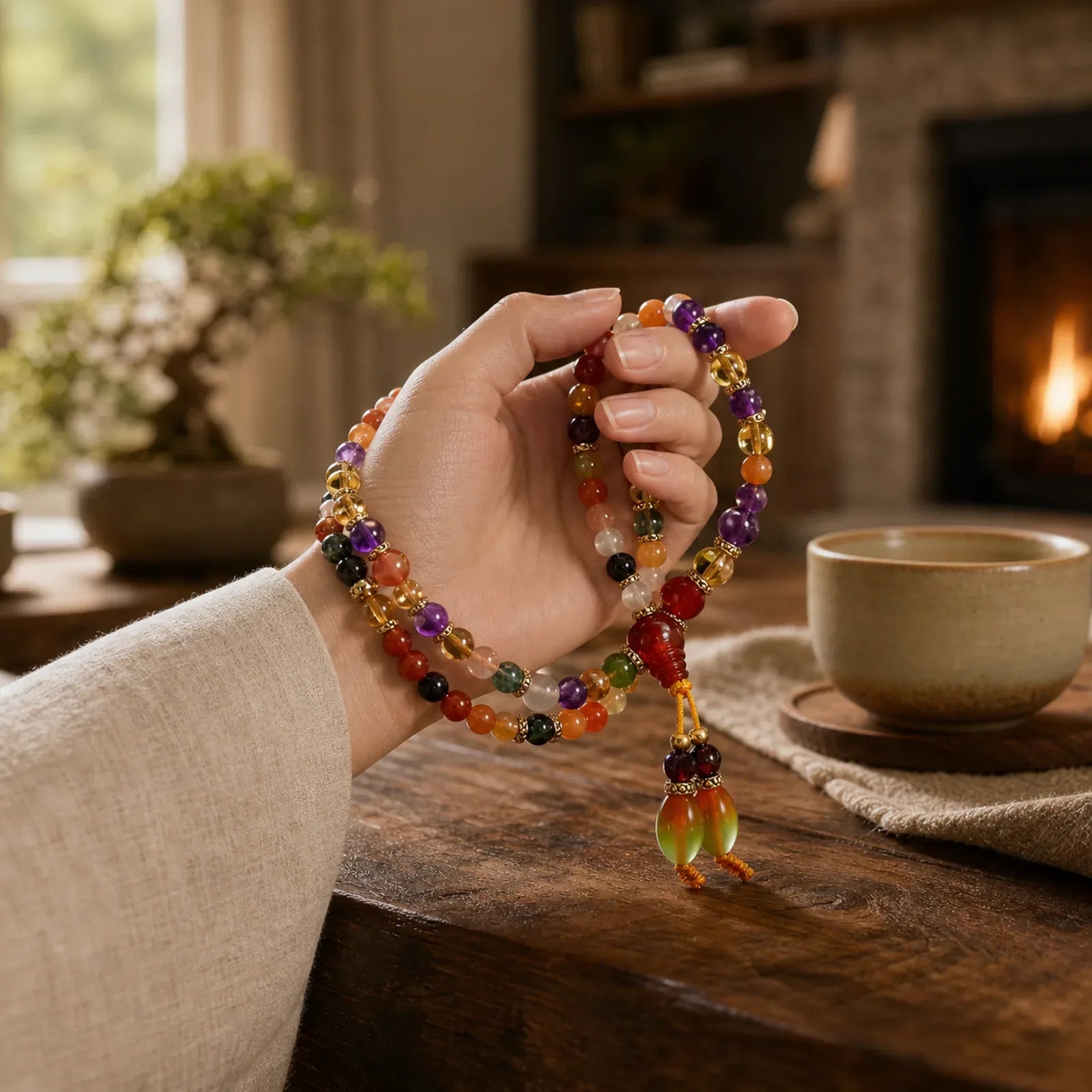 The 108 Quartz Healing Mala Bracelet featuring Amethyst, Garnet, Red Agate