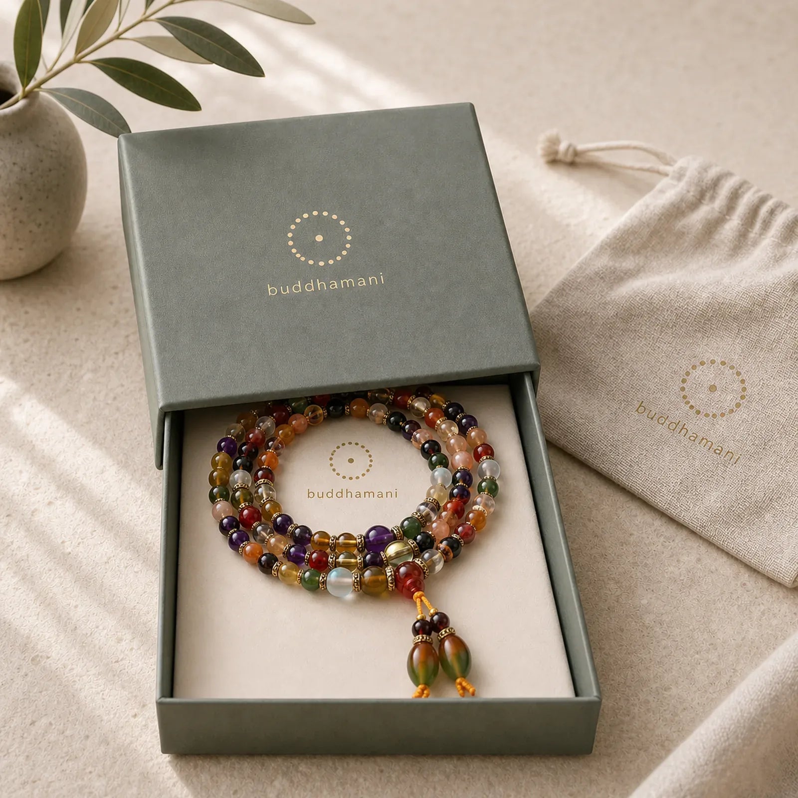 The 108 Quartz Healing Mala Bracelet featuring Amethyst, Garnet, Red Agate