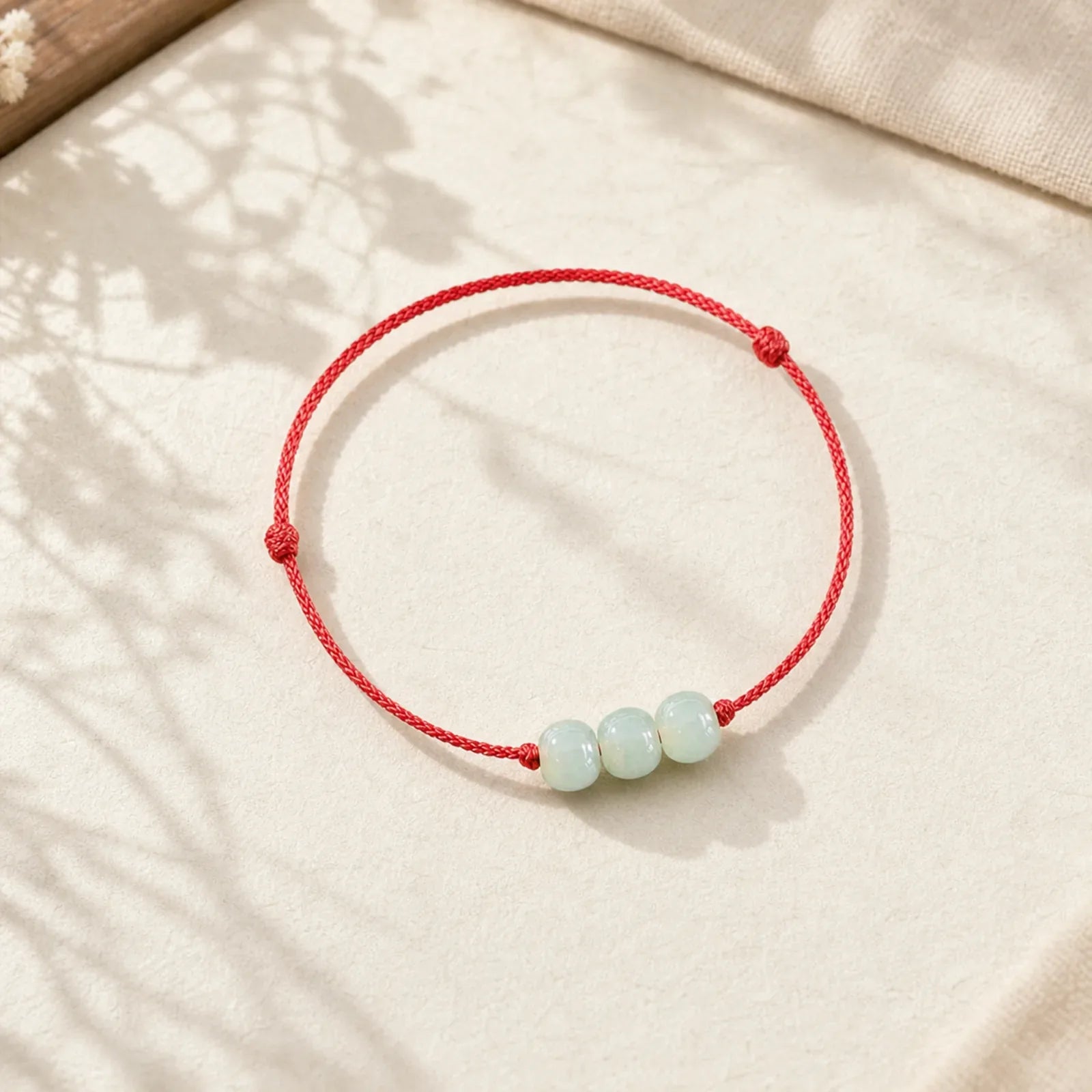 Three Beads Jade Luck String Weave Bracelet featuring Jade, Red String