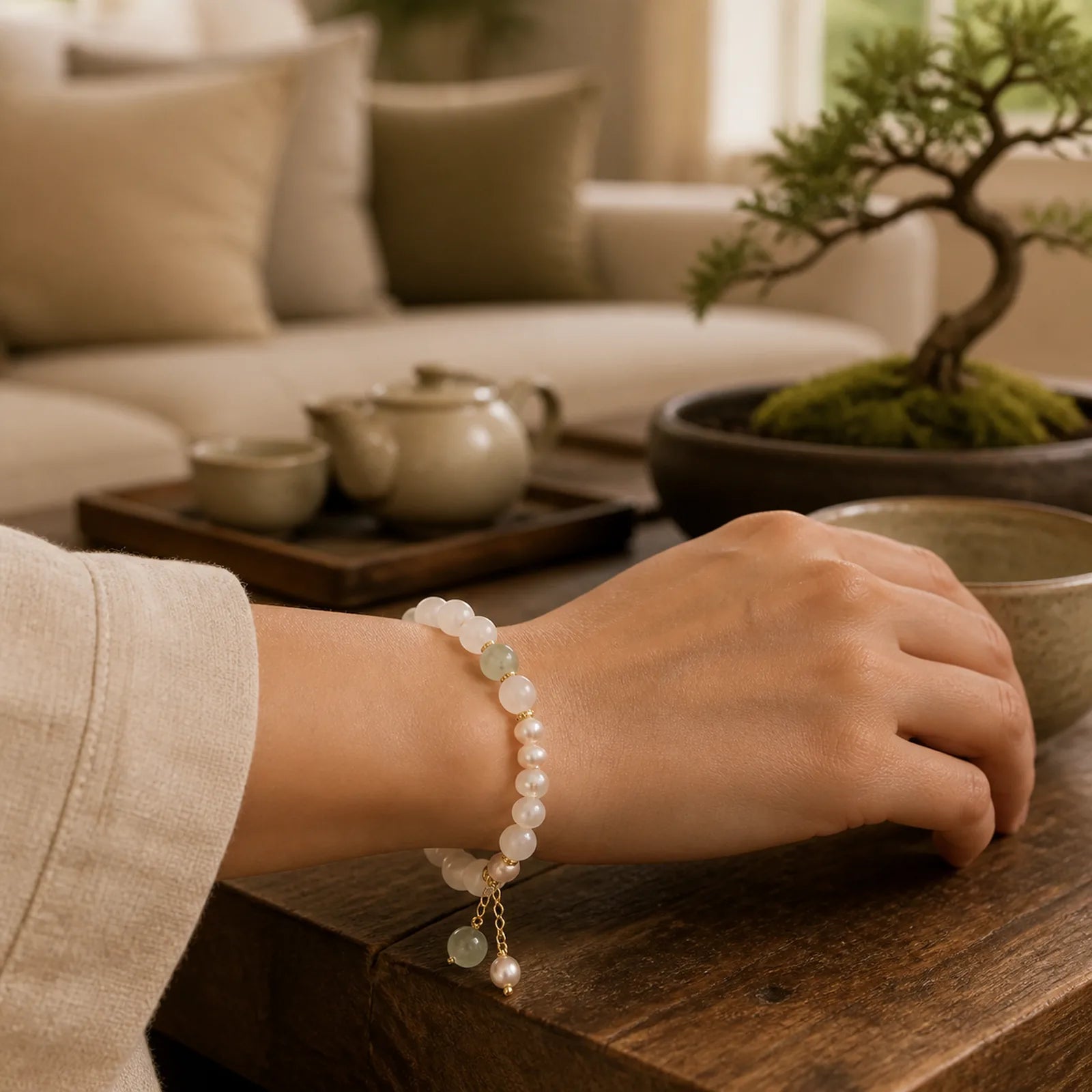Tianshan Jade Pearl Abundance Bracelet featuring Jade, Pearl, Quartzite