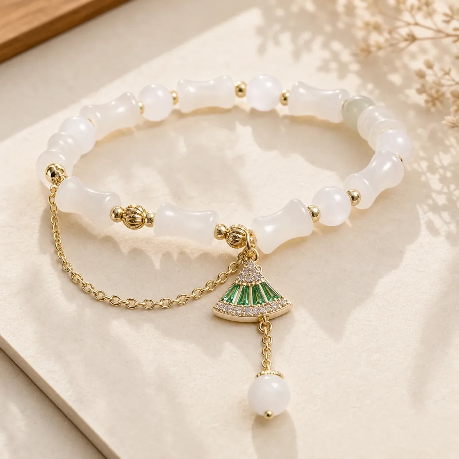 Tianshan White Jade Bamboo Pattern Luck Blessing Bracelet featuring White Jade, Jade, Bamboo