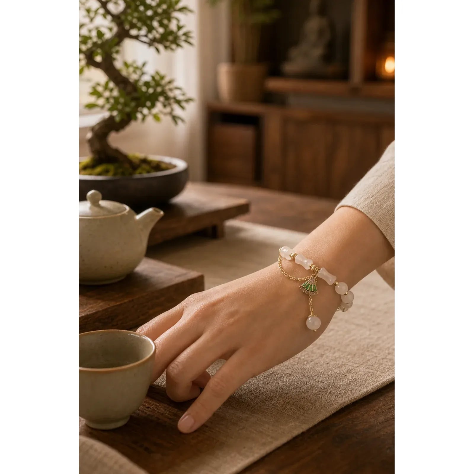 Tianshan White Jade Bamboo Pattern Luck Blessing Bracelet featuring White Jade, Jade, Bamboo