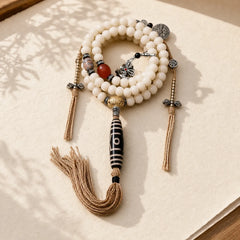 Tibet 108 Mala Beads Bodhi Seed Bagua Vajra Dzi Bead Gray Agate Wealth Bracelet featuring Bodhi Seed, Bagua, Vajra