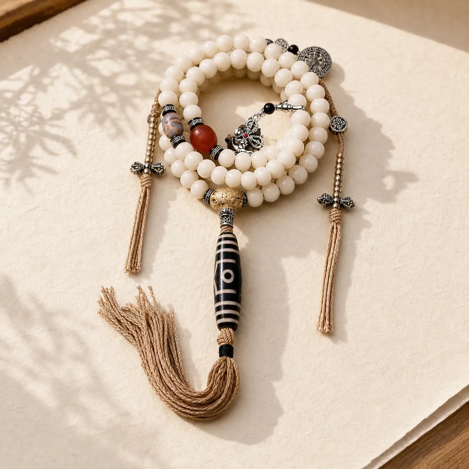 Tibet 108 Mala Beads Bodhi Seed Bagua Vajra Dzi Bead Gray Agate Wealth Bracelet featuring Bodhi Seed, Bagua, Vajra