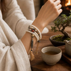 Tibet 108 Mala Beads Bodhi Seed Bagua Vajra Dzi Bead Gray Agate Wealth Bracelet featuring Bodhi Seed, Bagua, Vajra