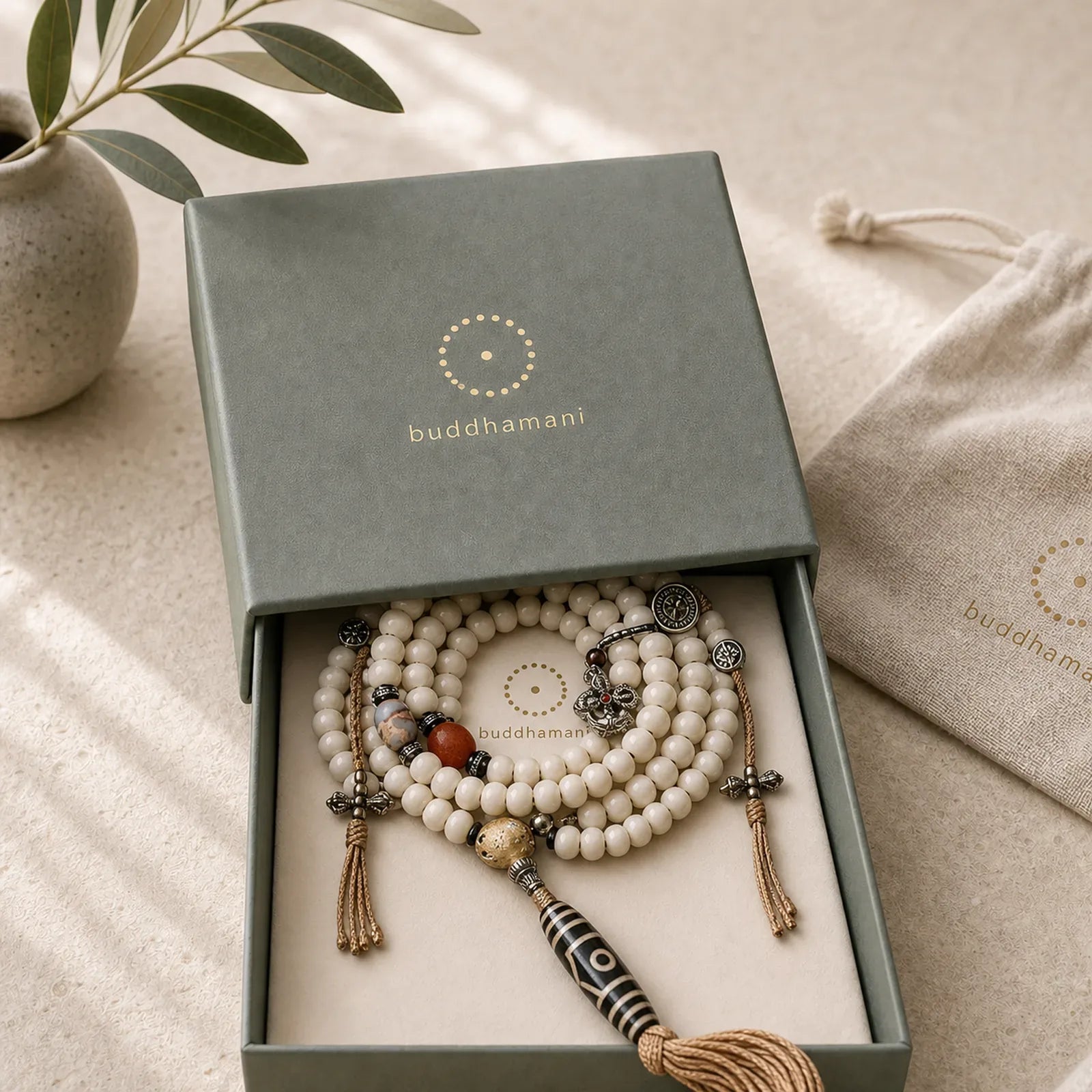 Tibet 108 Mala Beads Bodhi Seed Bagua Vajra Dzi Bead Gray Agate Wealth Bracelet featuring Bodhi Seed, Bagua, Vajra