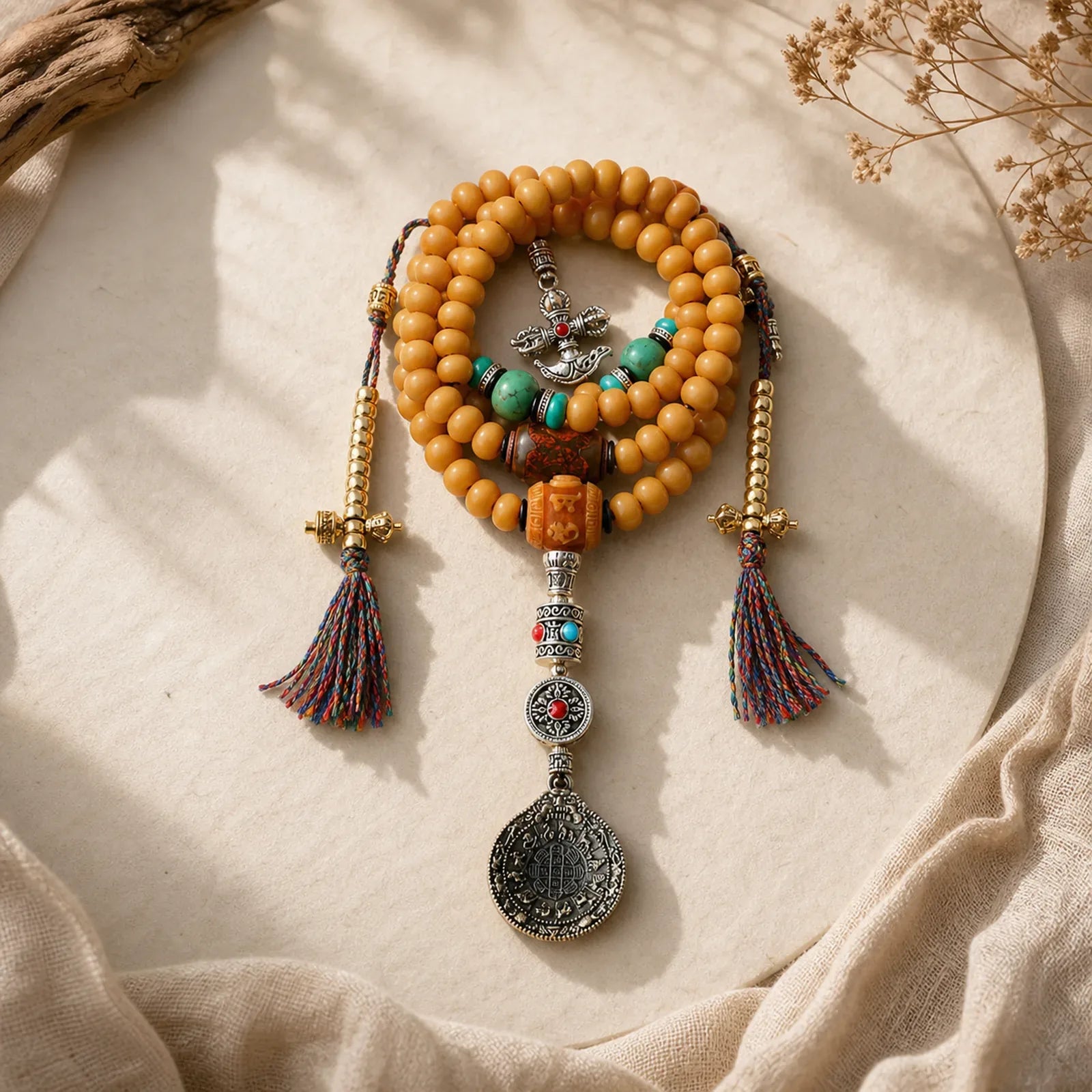 Tibet 108 Mala Beads Bodhi Seed Bagua Vajra Wealth Bracelet featuring Bodhi Seed, Bagua, Vajra