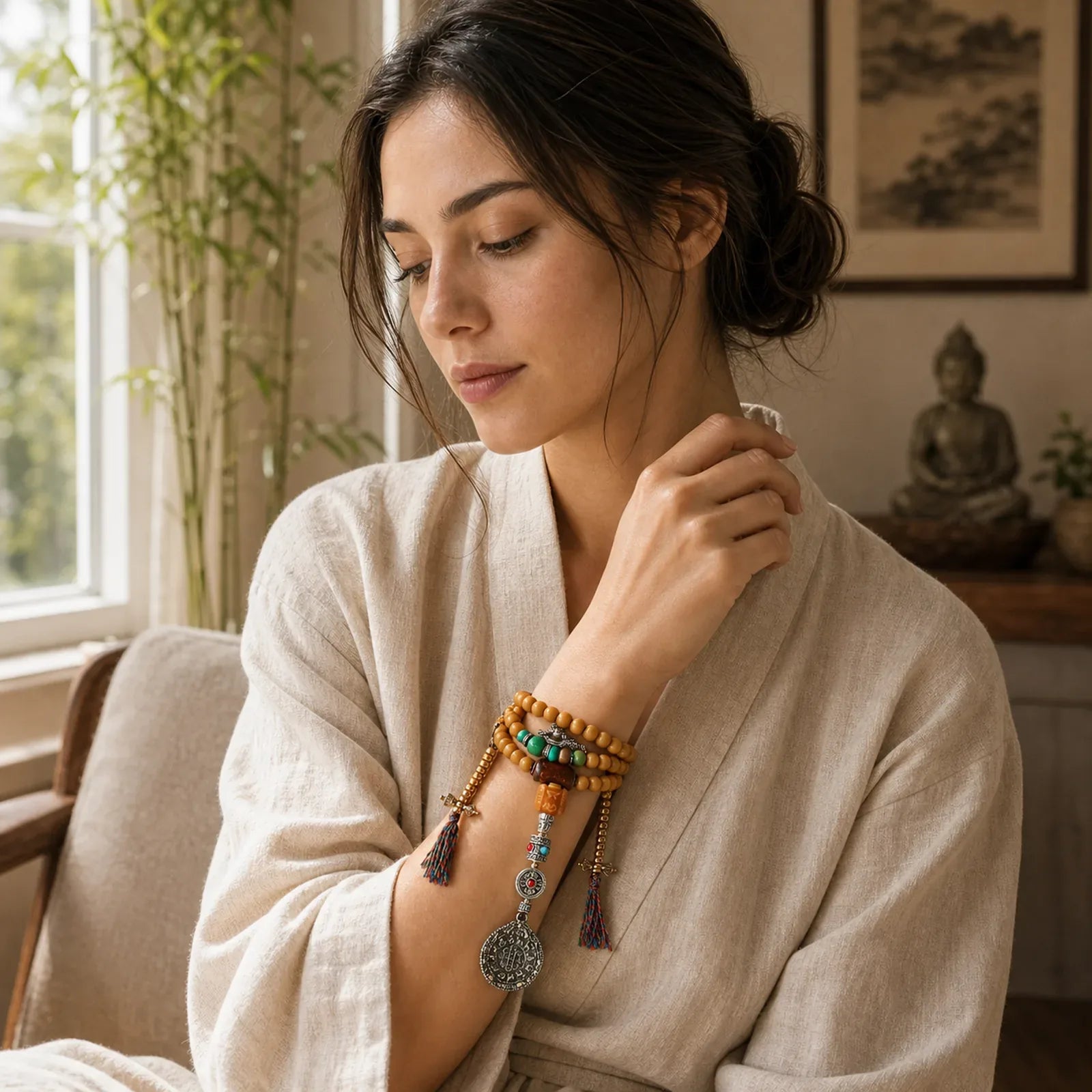 Tibet 108 Mala Beads Bodhi Seed Bagua Vajra Wealth Bracelet featuring Bodhi Seed, Bagua, Vajra