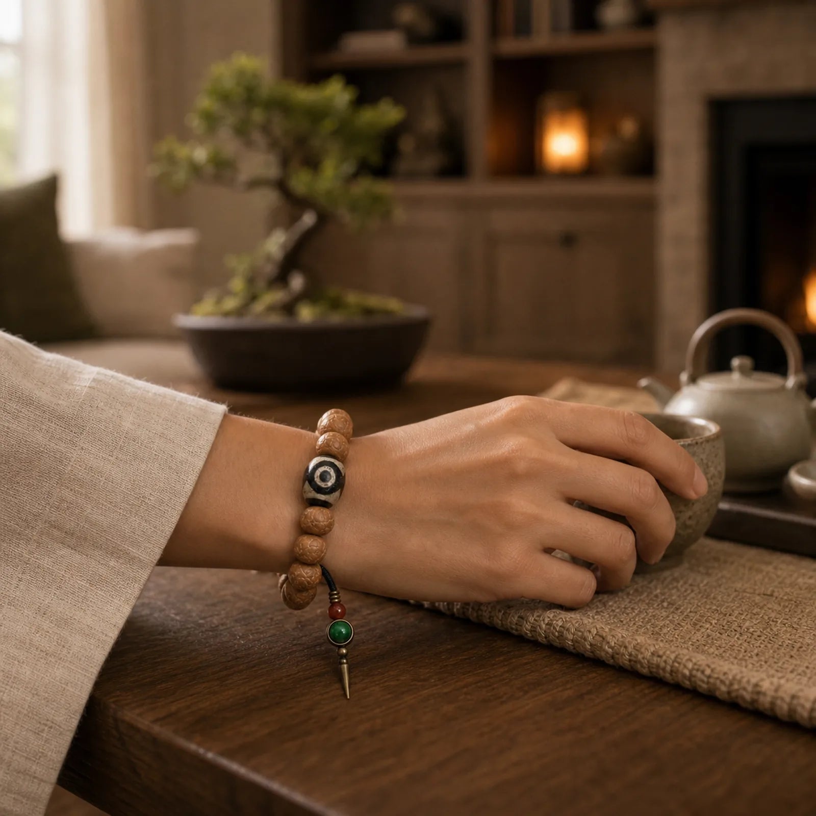 Tibet Bodhi Seed Dzi Bead Peace Charm Wrist Mala Bracelet featuring Bodhi Seed, Dzi Bead, Copper