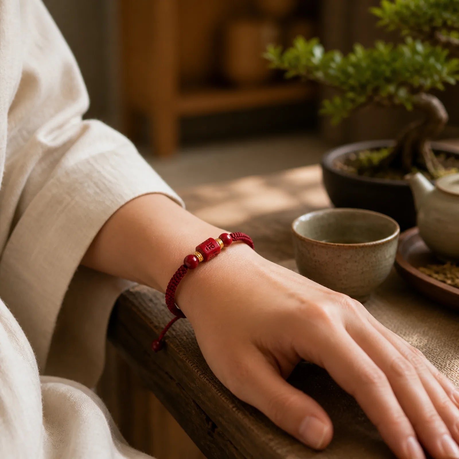 Tibet Cinnabar Om Mani Padme Hum Engraved Blessing Braided Bracelet featuring Cinnabar, Om Mani Padme Hum, Om