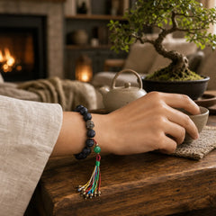 Tibet Ebony Wood Copper Peace Tassel Wrist Mala Bracelet featuring Ebony Wood, Ebony, Copper