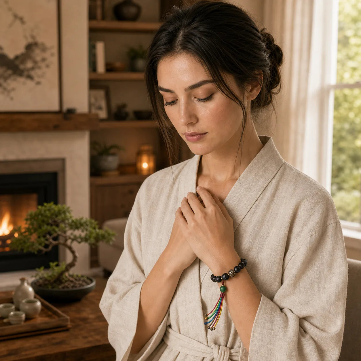 Tibet Ebony Wood Copper Peace Tassel Wrist Mala Bracelet featuring Ebony Wood, Ebony, Copper