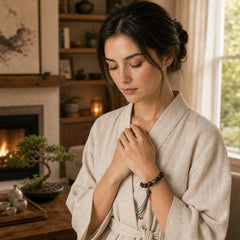 Tibet Ebony Wood Copper Peace Tassel Wrist Mala Bracelet featuring Ebony Wood, Ebony, Copper