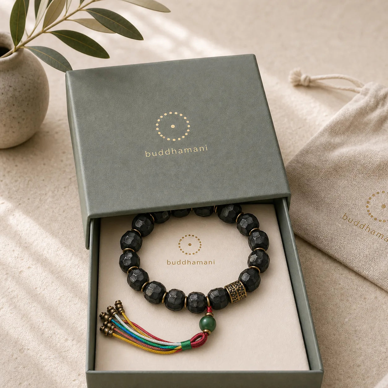 Tibet Ebony Wood Copper Peace Tassel Wrist Mala Bracelet featuring Ebony Wood, Ebony, Copper