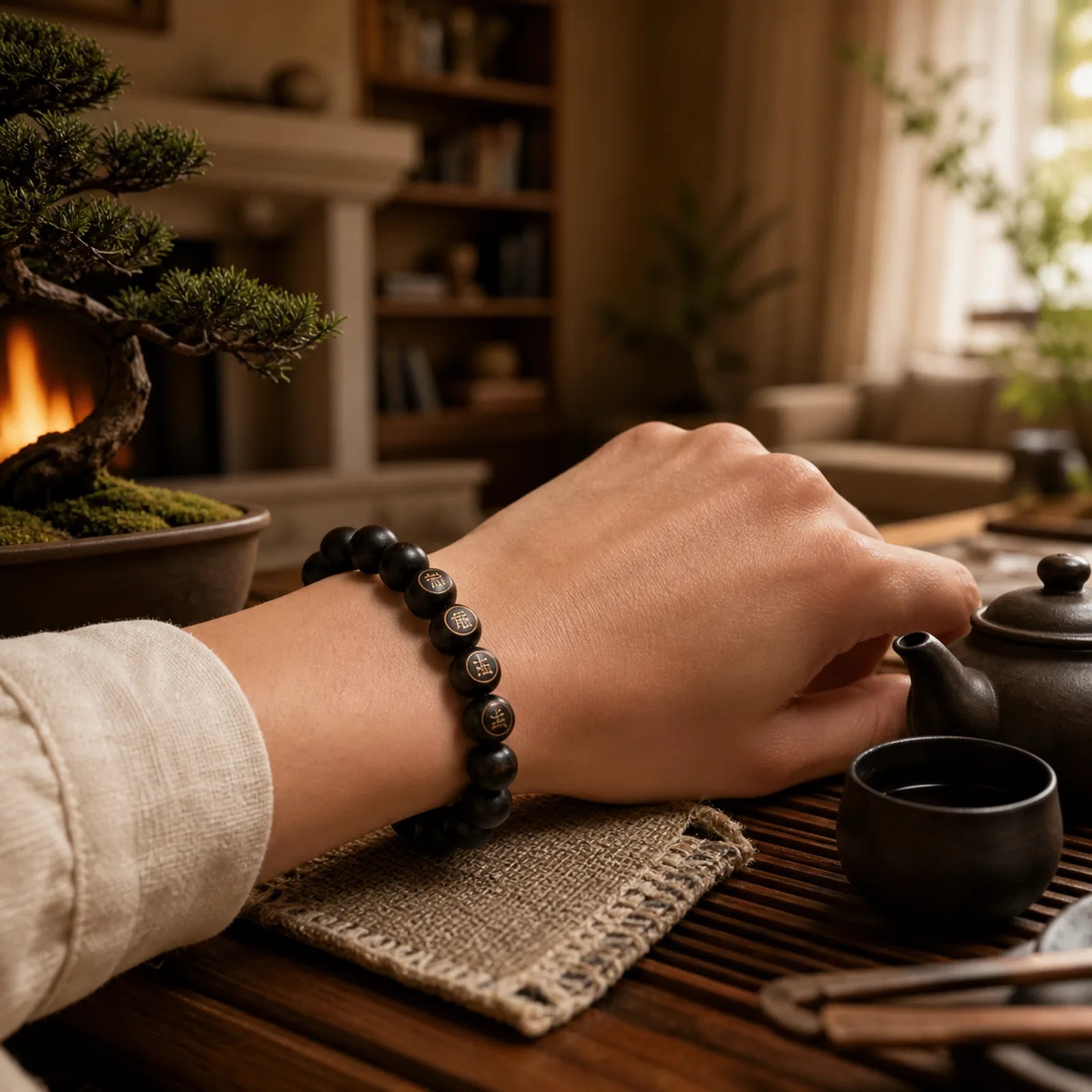 Tibet Ebony Wood Om Mani Padme Hum Engraved Balance Bracelet featuring Ebony Wood, Ebony, Om Mani Padme Hum