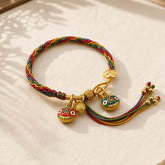 Tibet Gold Swallowing Beast Family Luck Knot Braid Colorful String Bracelet featuring Red String