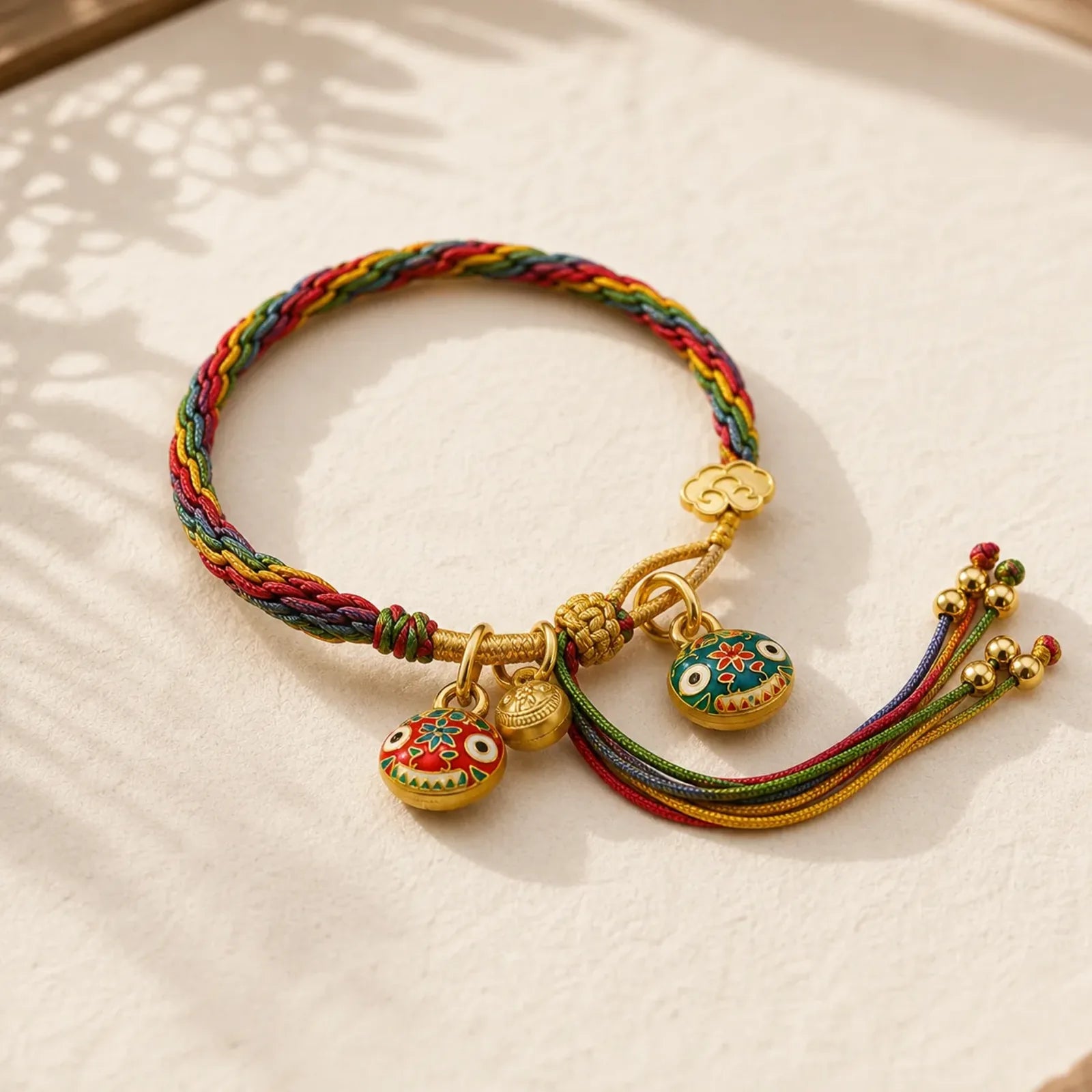 Tibet Gold Swallowing Beast Family Luck Knot Braid Colorful String Bracelet featuring Red String