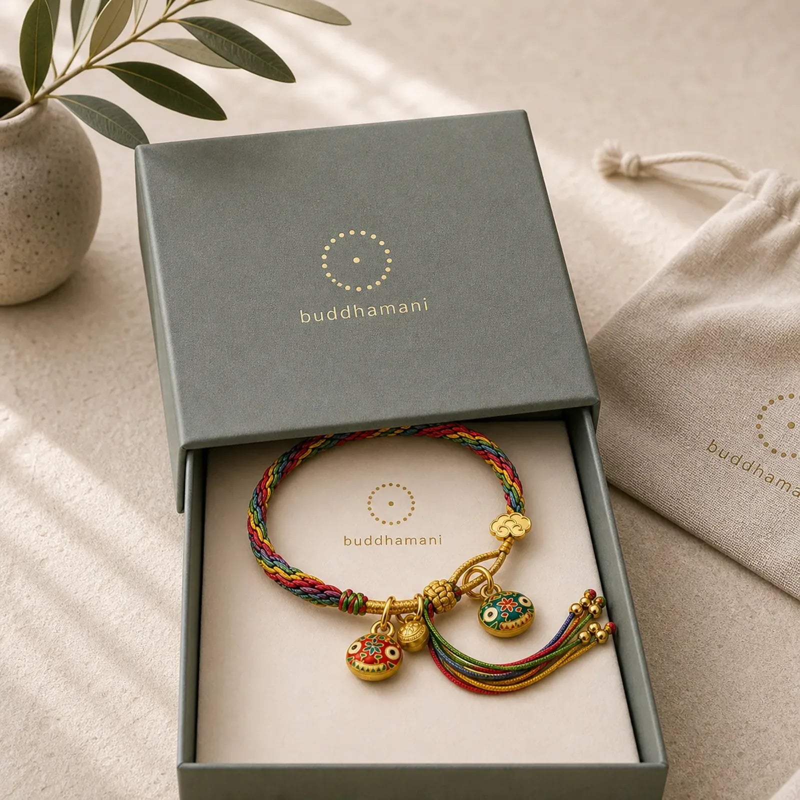 Tibet Gold Swallowing Beast Family Luck Knot Braid Colorful String Bracelet featuring Red String
