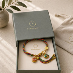 Tibet Gold Swallowing Beast Family Luck Knot Braid Colorful String Bracelet featuring Red String