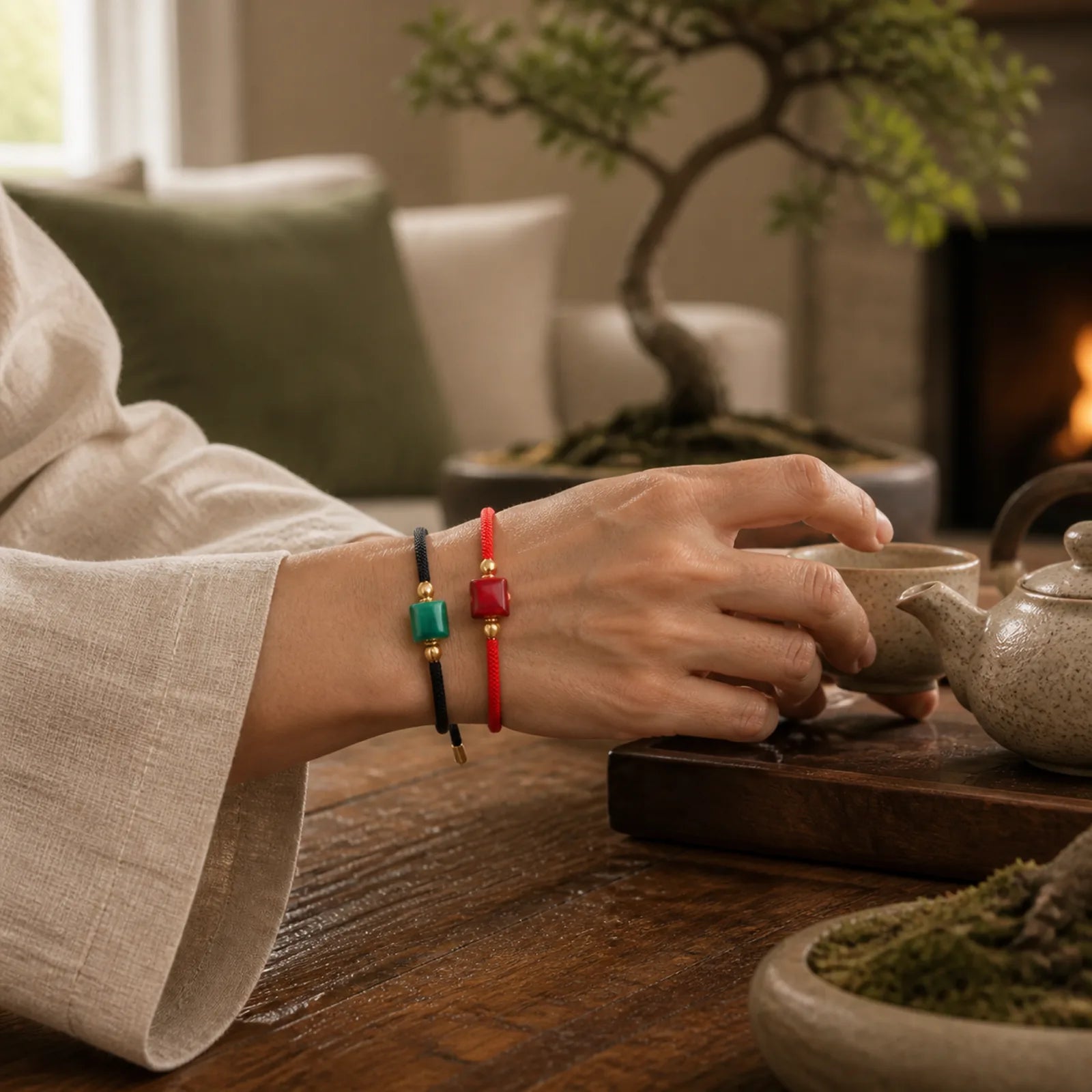 Tibet Handmade Green Aventurine Red Stone Malachite Luck Protection Braided Rope Bracelet featuring Green Aventurine, Malachite, Red String