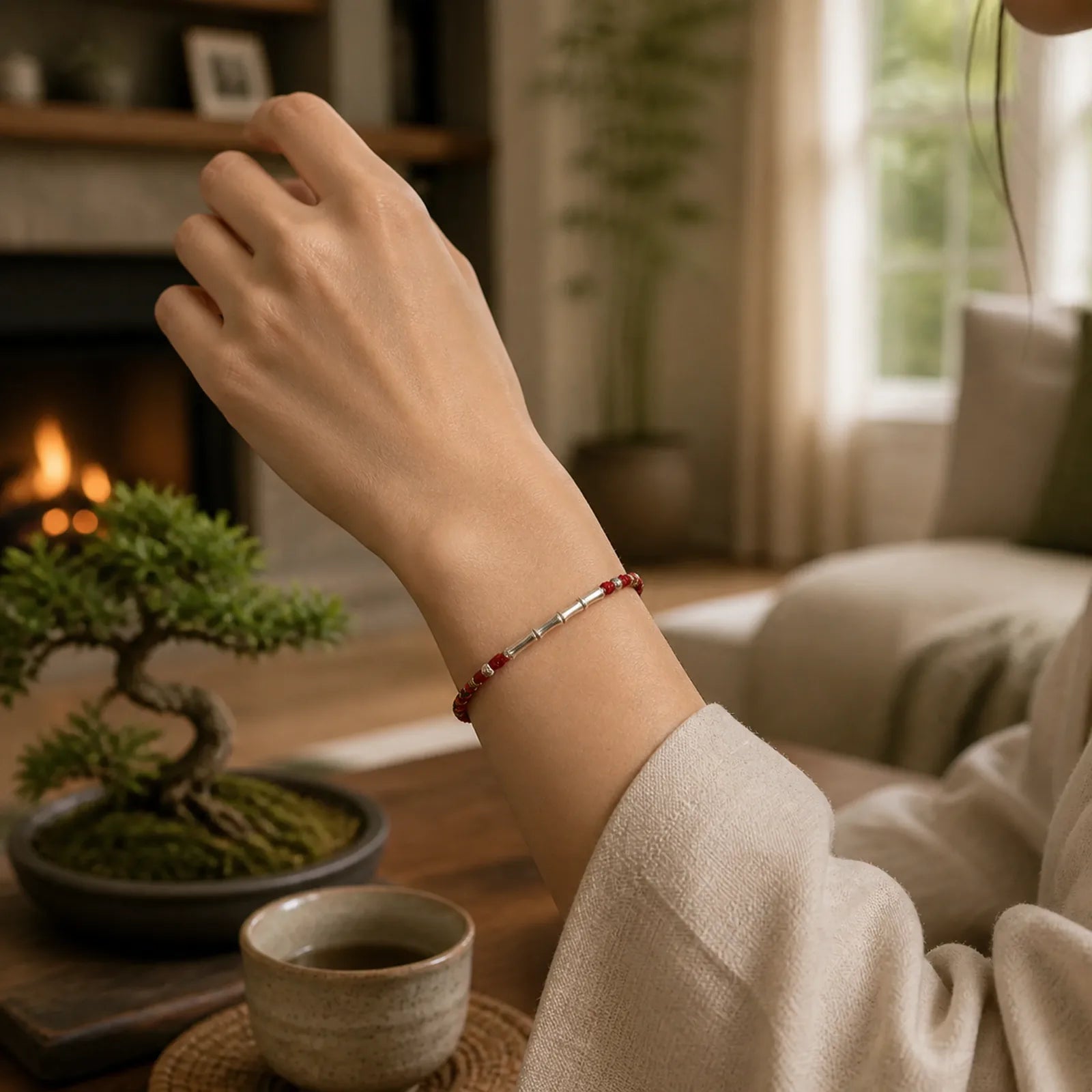 Tibet Handmade Multicolored Bamboo Protection Braided String Bracelet featuring Bamboo, Red String, Copper