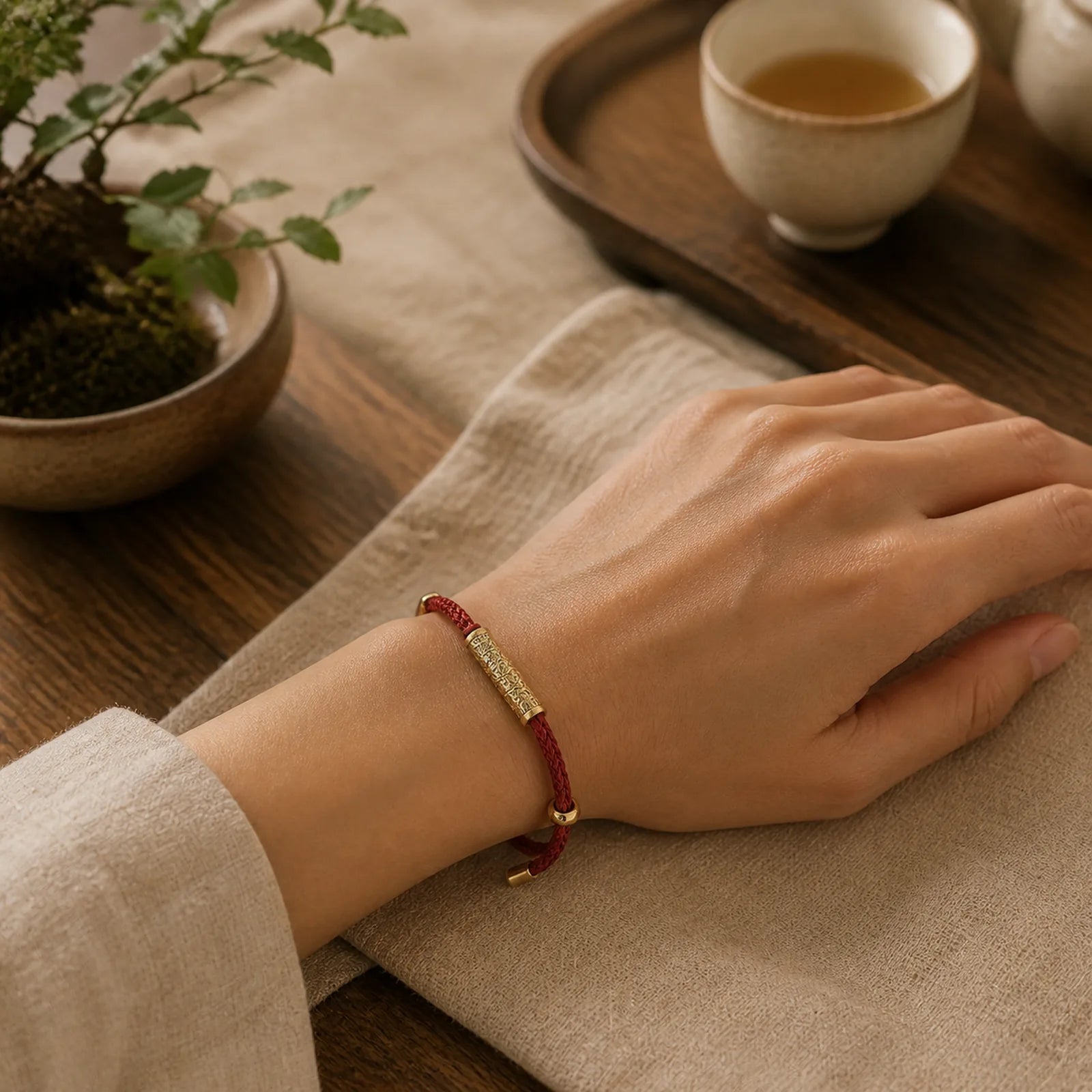 Tibet Handmade Tai Sui Rope Protection Strength Braided Bracelet featuring Red String, Copper