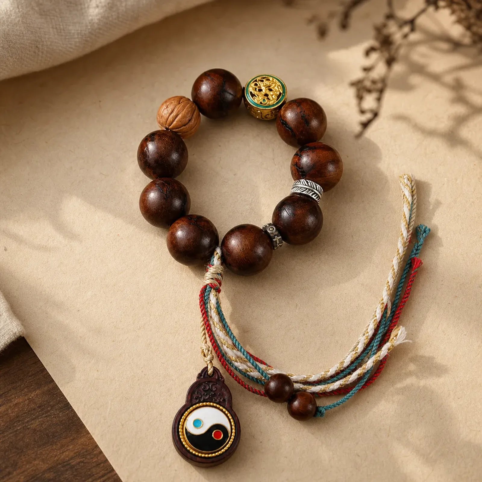 Tibet Lightning Struck Jujube Wood Yin Yang Luck Bracelet featuring Lightning Struck Jujube Wood, Jujube Wood, Yin Yang Symbol
