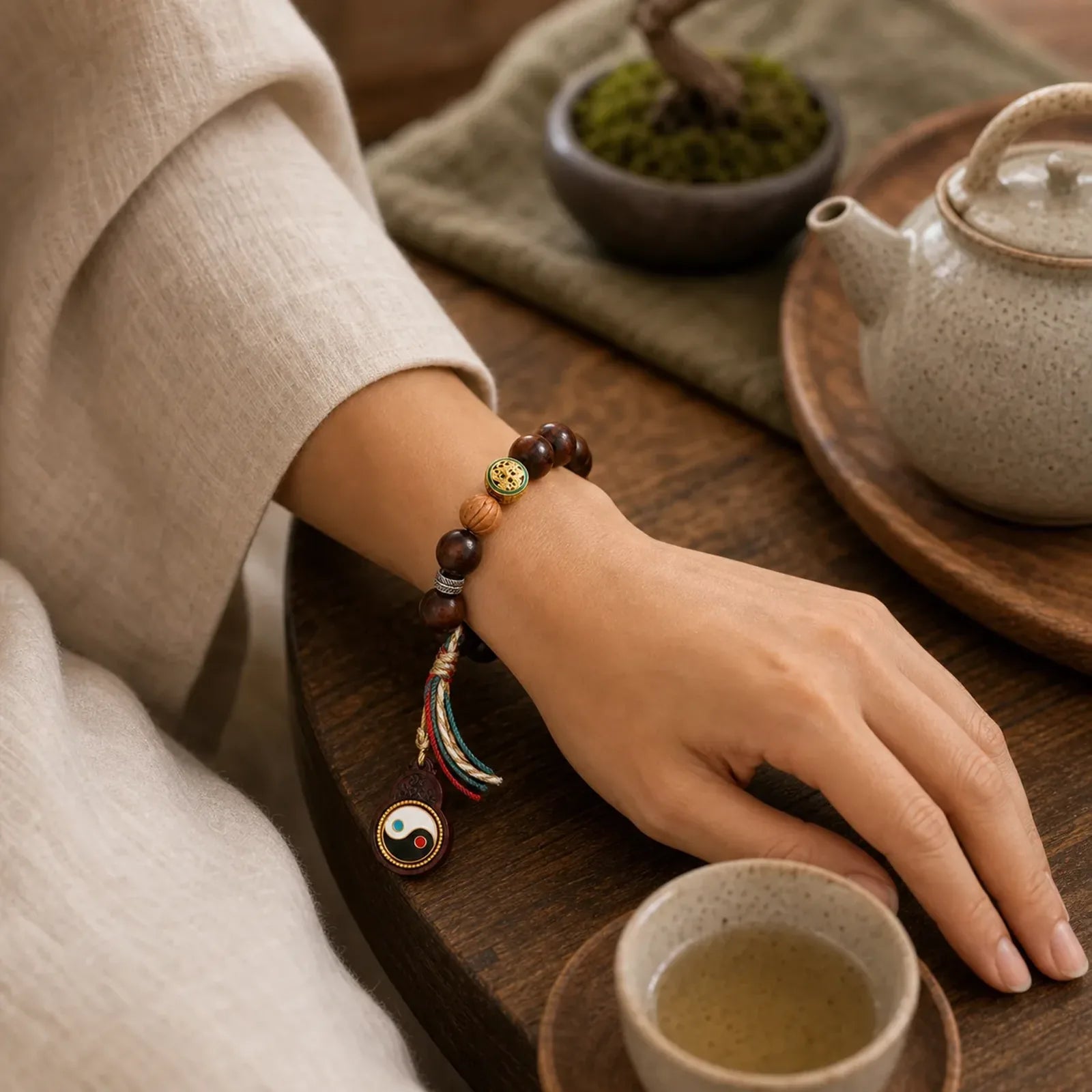 Tibet Lightning Struck Jujube Wood Yin Yang Luck Bracelet featuring Lightning Struck Jujube Wood, Jujube Wood, Yin Yang Symbol