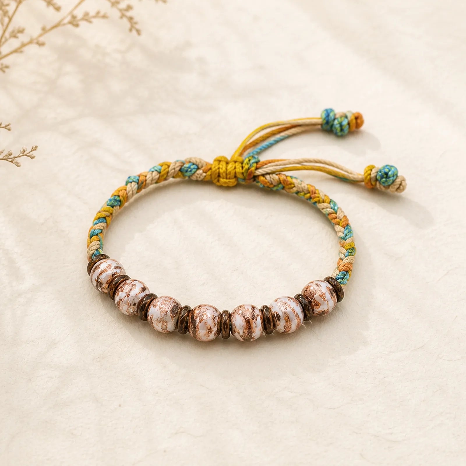 Tibet Liuli Glass Wishing Health And Safety String Bracelet featuring Five Elements