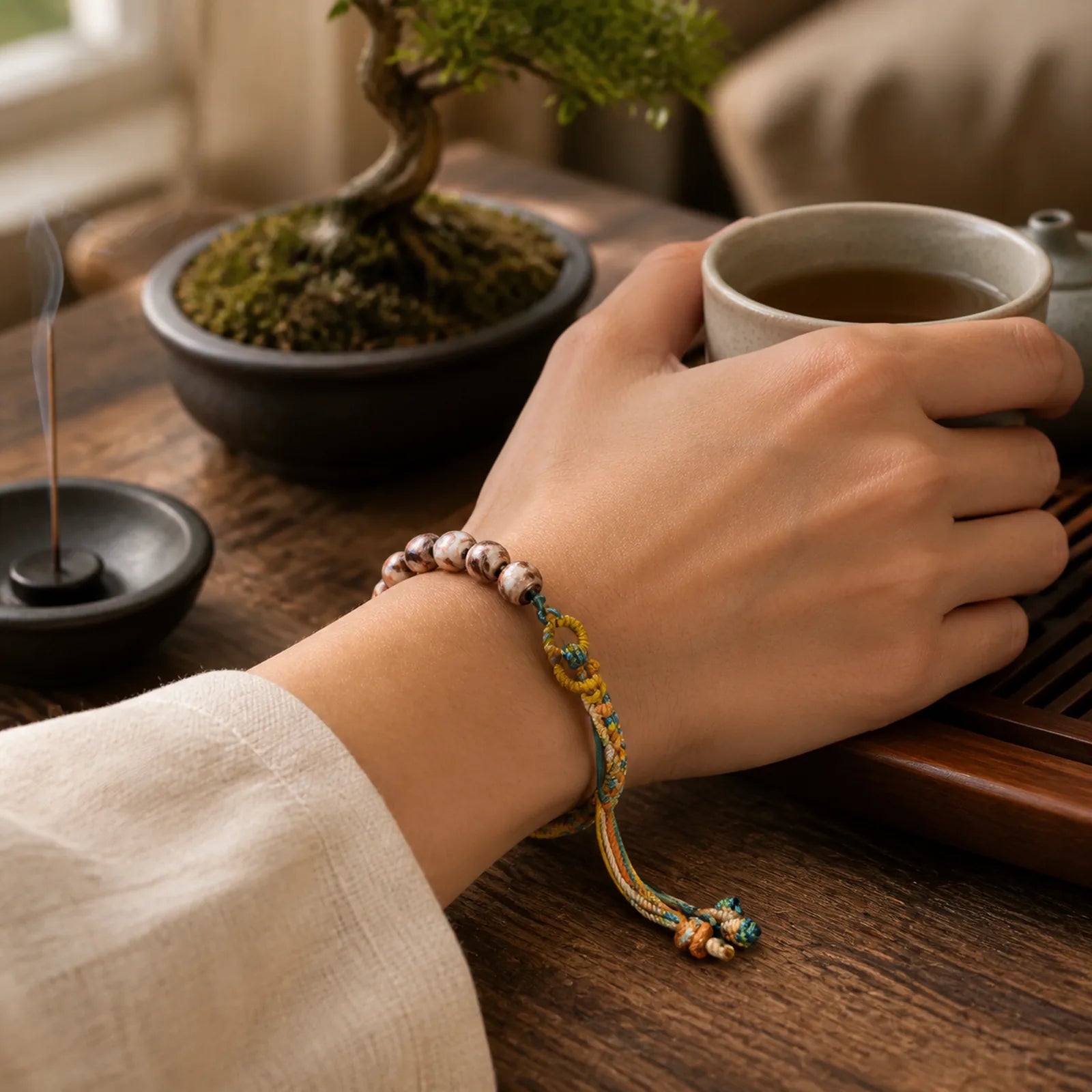 Tibet Liuli Glass Wishing Health And Safety String Bracelet featuring Five Elements
