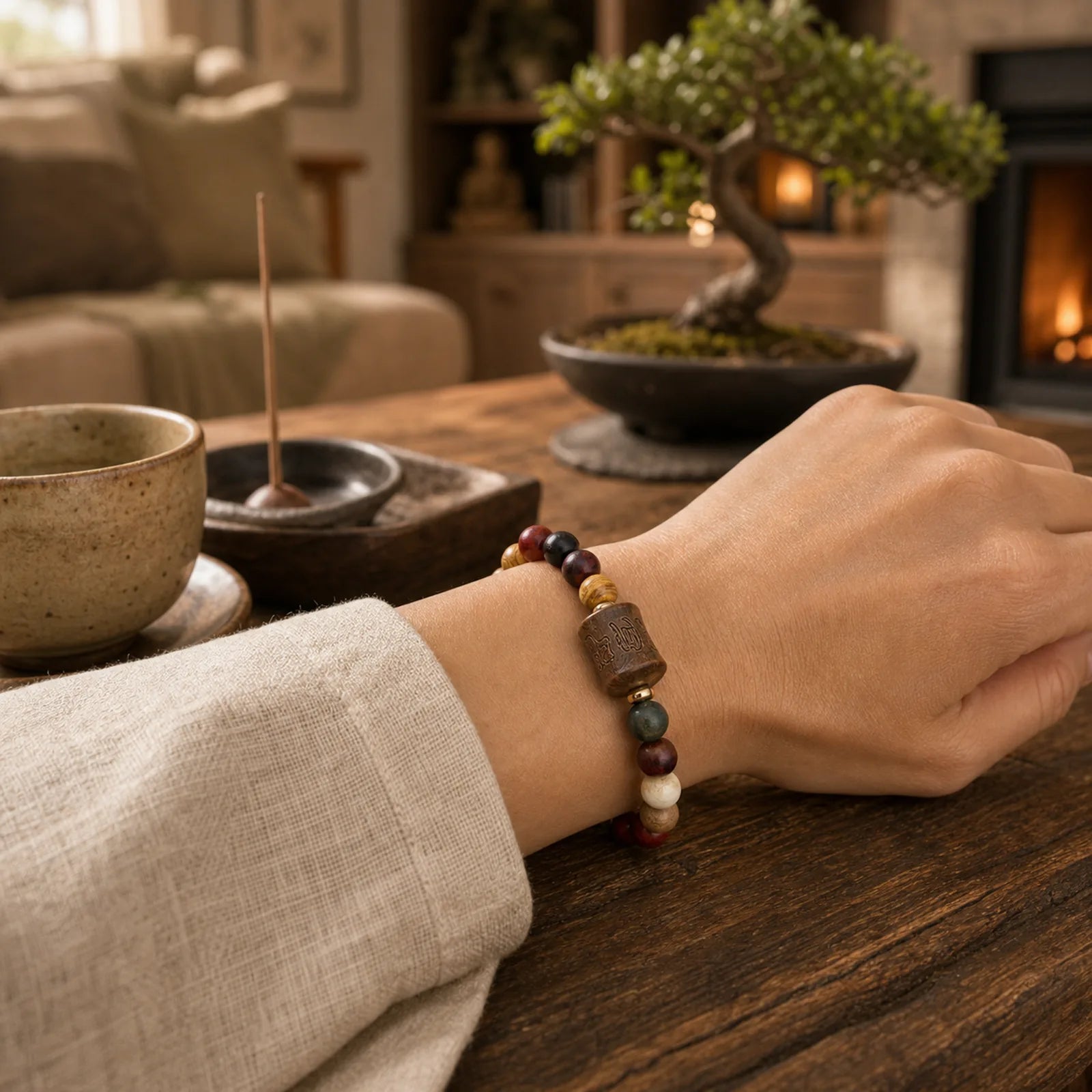 Tibet Multicolored Sandalwood Om Mani Padme Hum Protection Bracelet featuring Sandalwood, Om Mani Padme Hum, Om