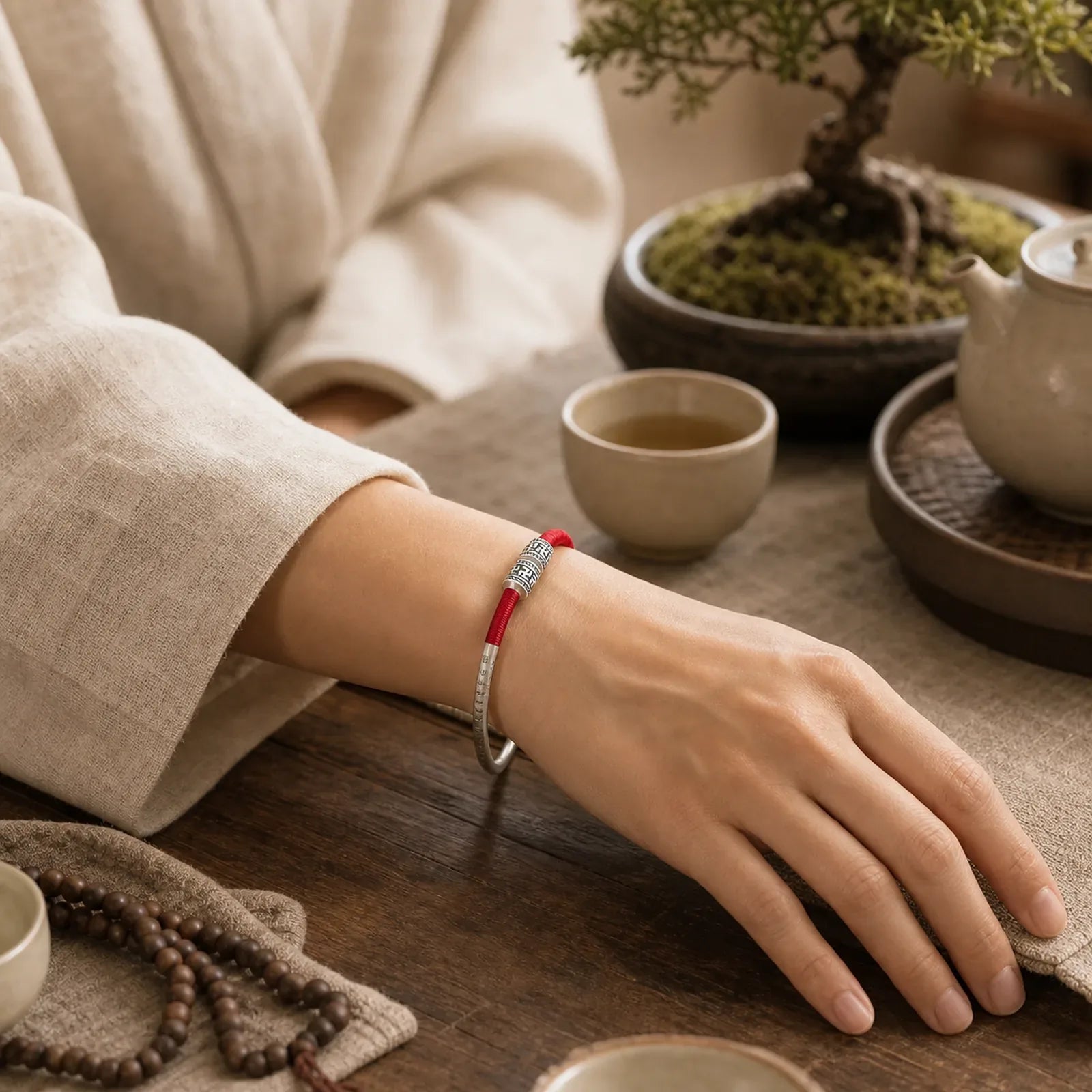 Tibet Om Mani Padme Hum Luck Red String Bracelet Bangle featuring Om Mani Padme Hum, Om, Red String