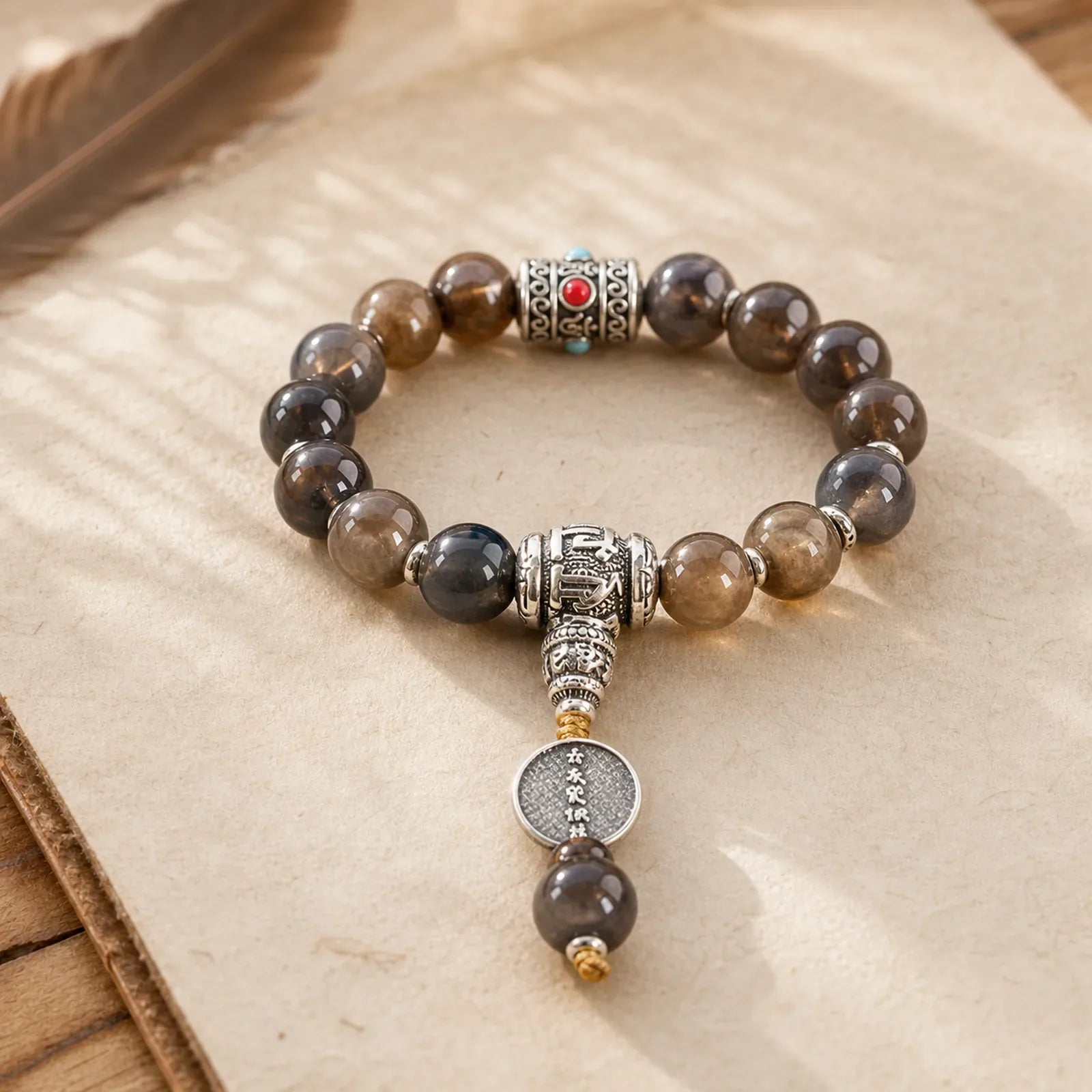 Tibet Om Mani Padme Hum Prayer Wheel Dorje Vajra Engraved Glass Bead Wisdom Bracelet (Extra 35% Off | USE CODE: FS35) featuring Om Mani Padme Hum, Om, Vajra