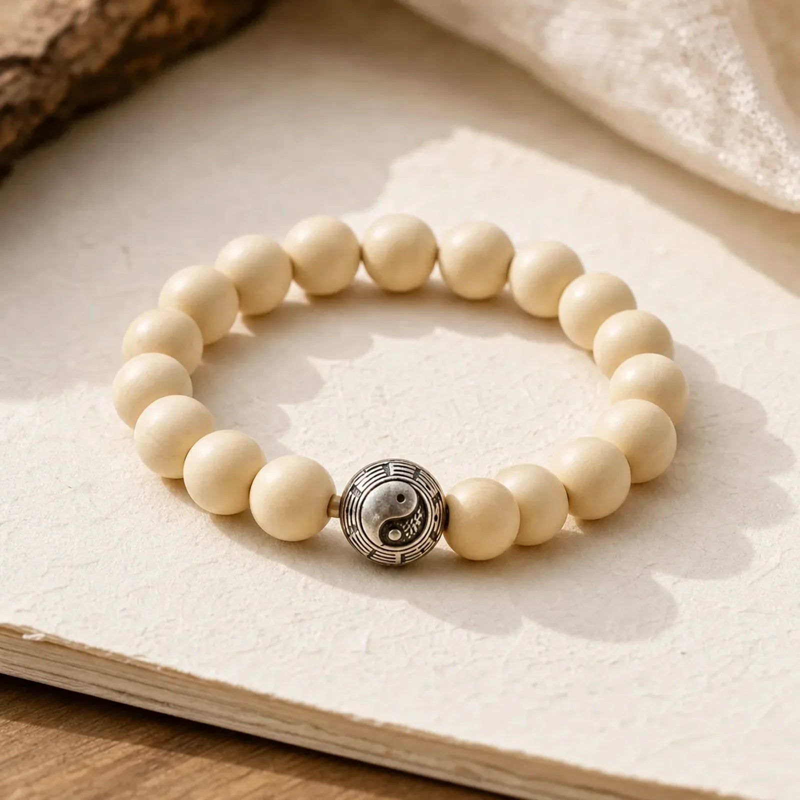 Tibet Peach Wood Lotus Cinnabar Bagua Yin Yang Luck Wealth Bracelet featuring Peach Wood, Lotus, Cinnabar
