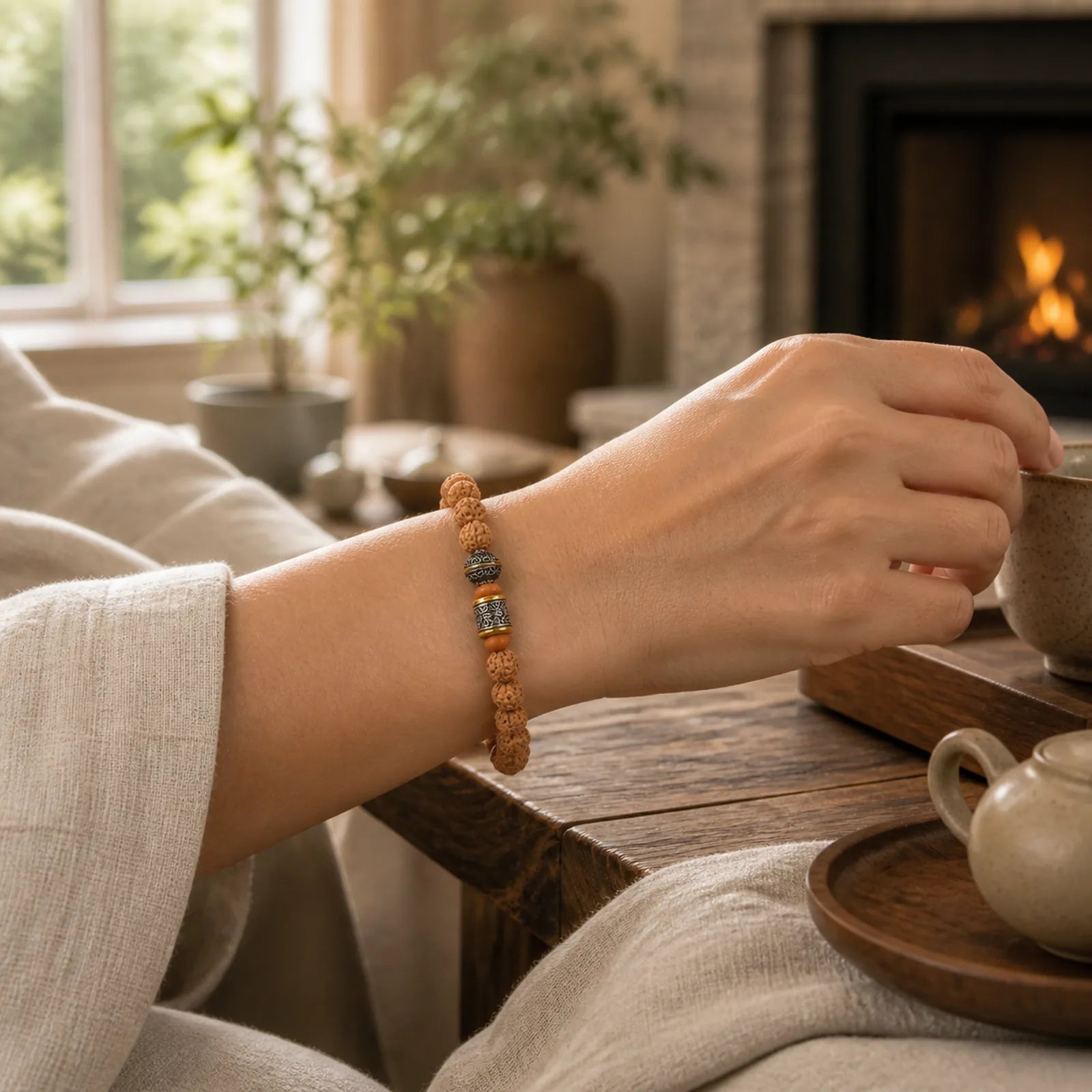 Tibet Rudraksha Bodhi Seed Wealth Auspiciousness Bracelet featuring Bodhi Seed, Turquoise, Gold Sheen Obsidian
